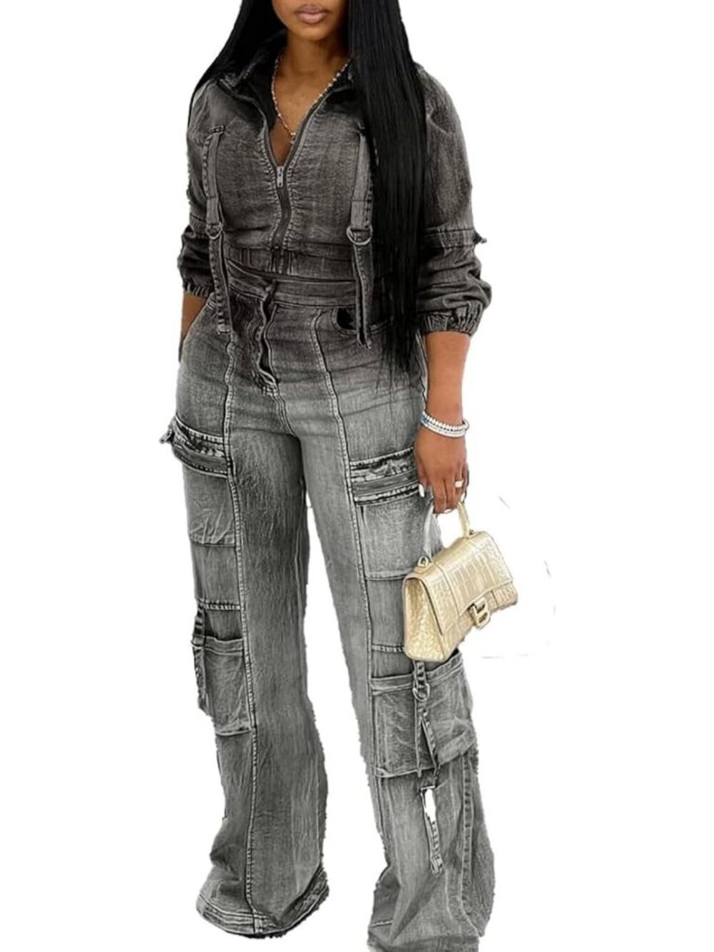 Chic Women's Denim Set - 2 Piece Cargo Jean Outfit, Y2K Streetwear Style